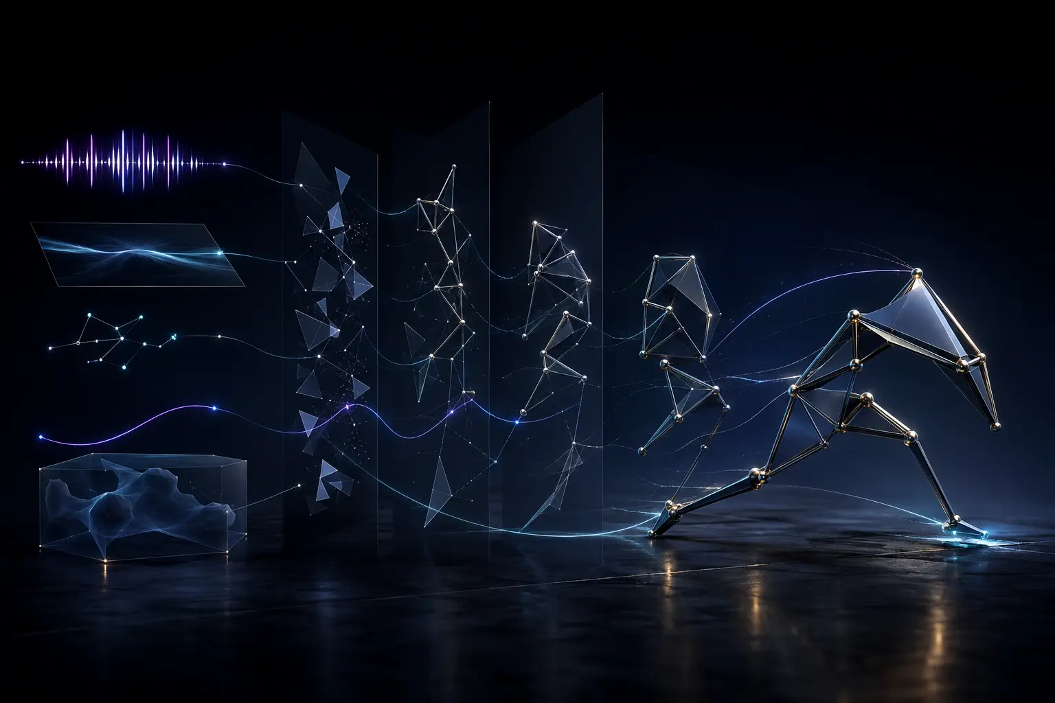Language intent, a still image, a pose and a trajectory resolving into coherent articulated motion across time.
