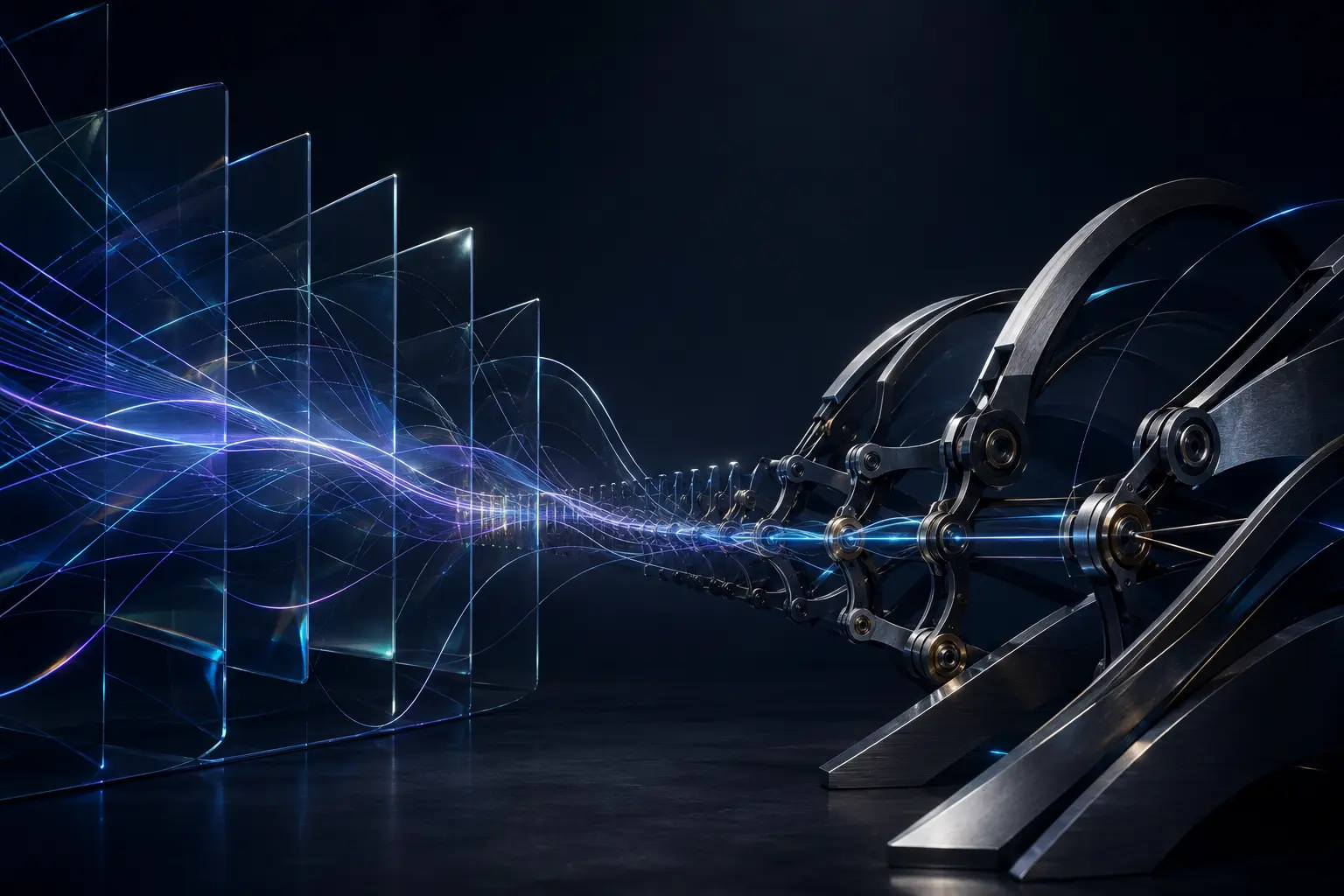 An optical motion field flowing into a precise articulated physical system through one continuous trajectory.