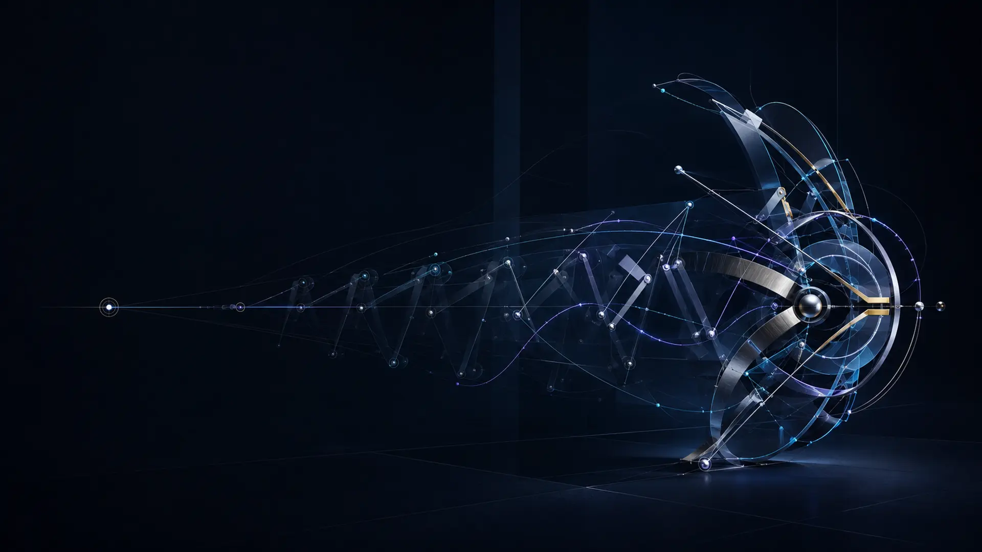 An abstract point evolving through trajectories and articulated motion into one coordinated form.