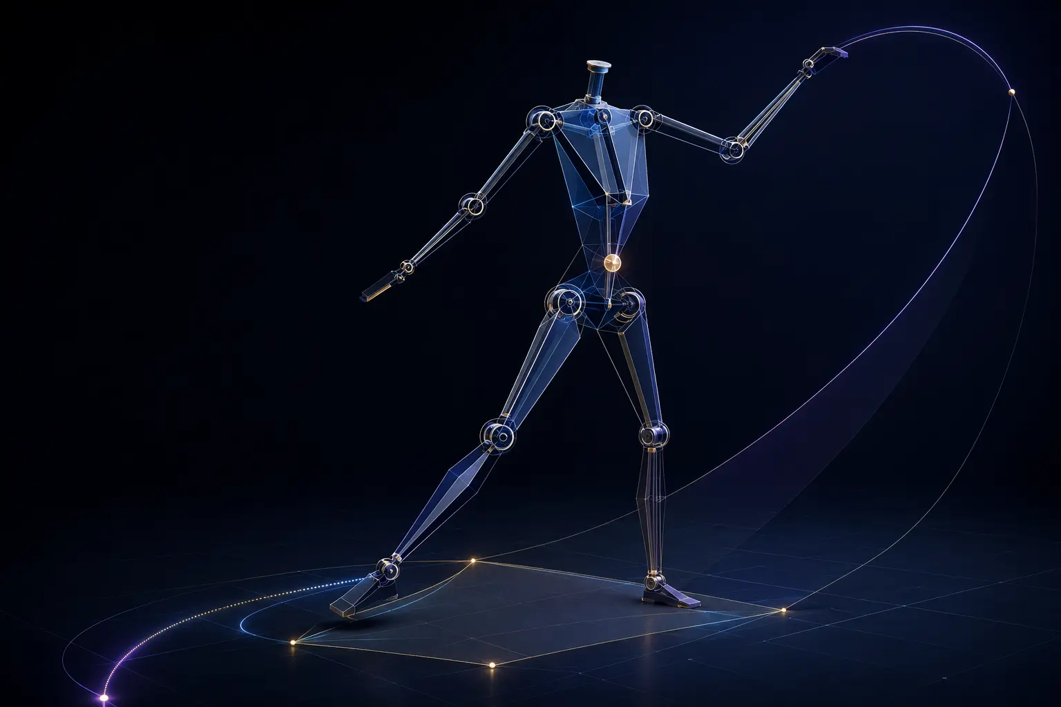 An abstract humanoid articulation study balancing within a support region while tracing locomotion and manipulation paths.