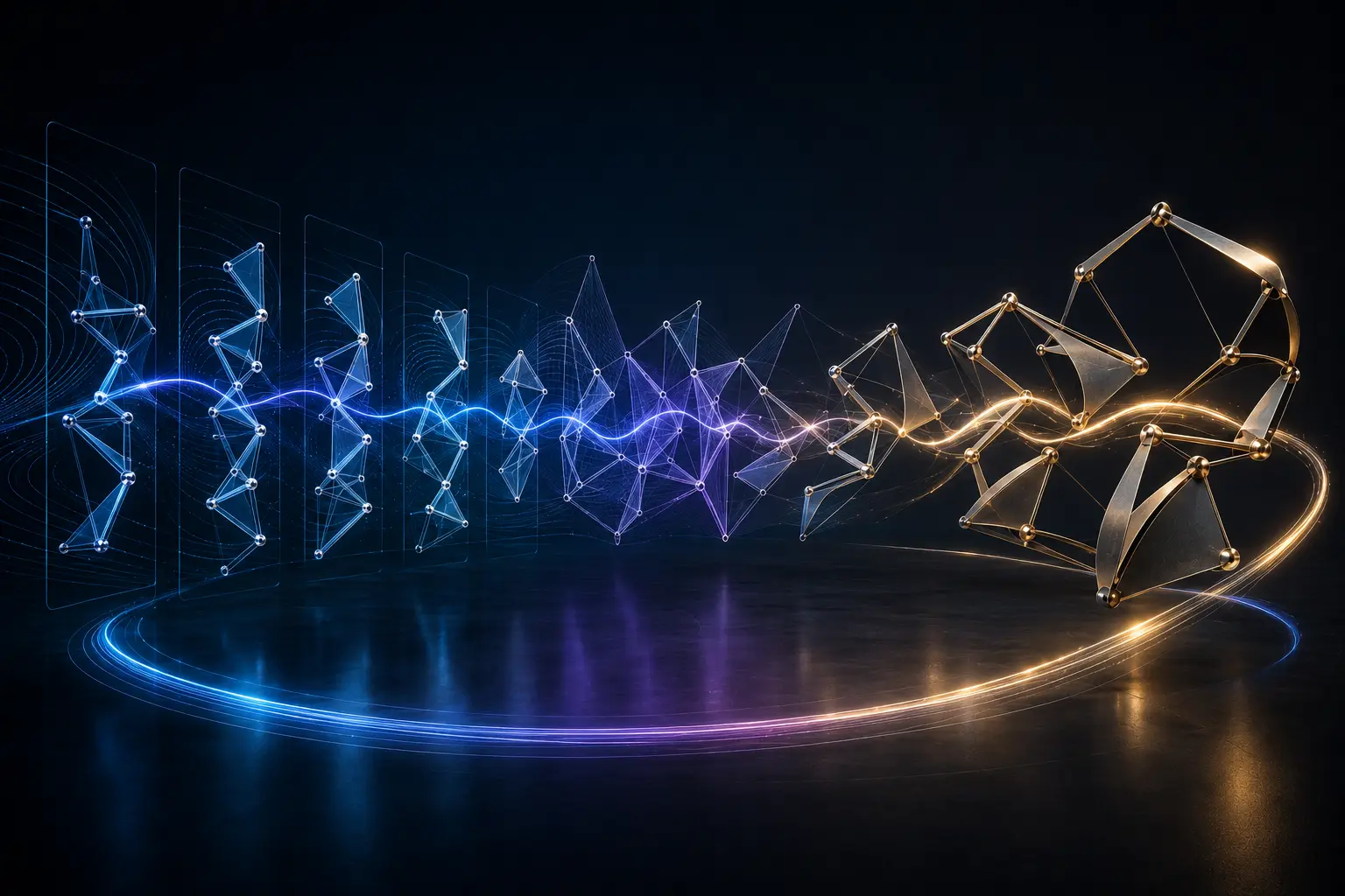 A temporal digital sequence expanding into an articulated physical system through one shared motion layer.