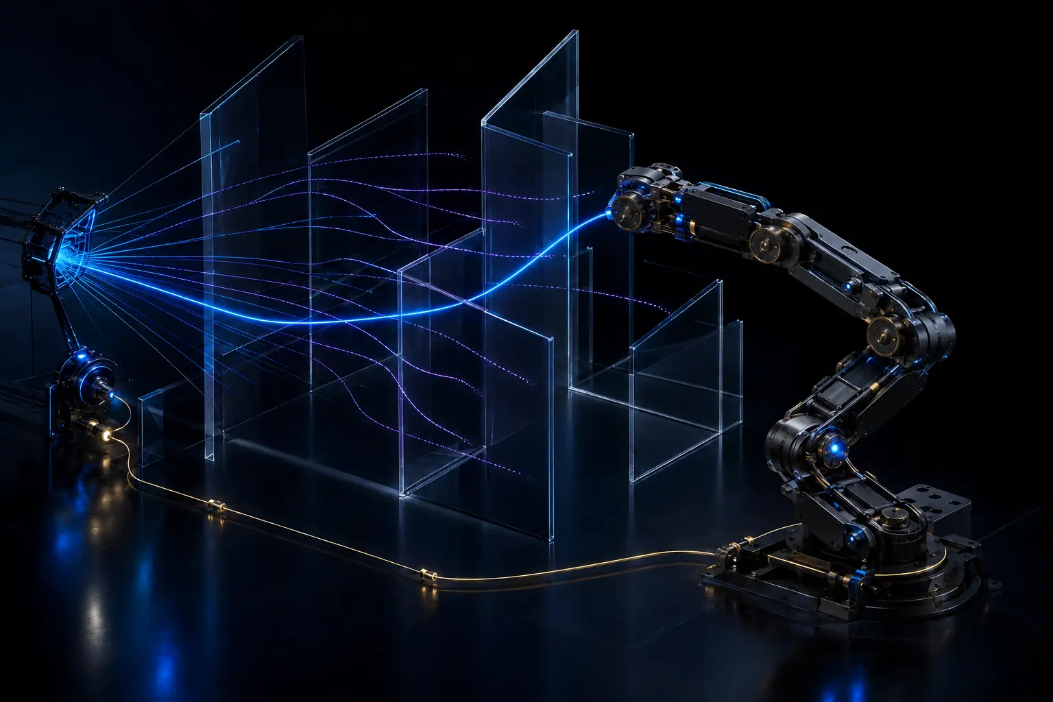 An abstract articulated machine sensing its environment, rejecting constrained paths, executing a selected trajectory and returning feedback.